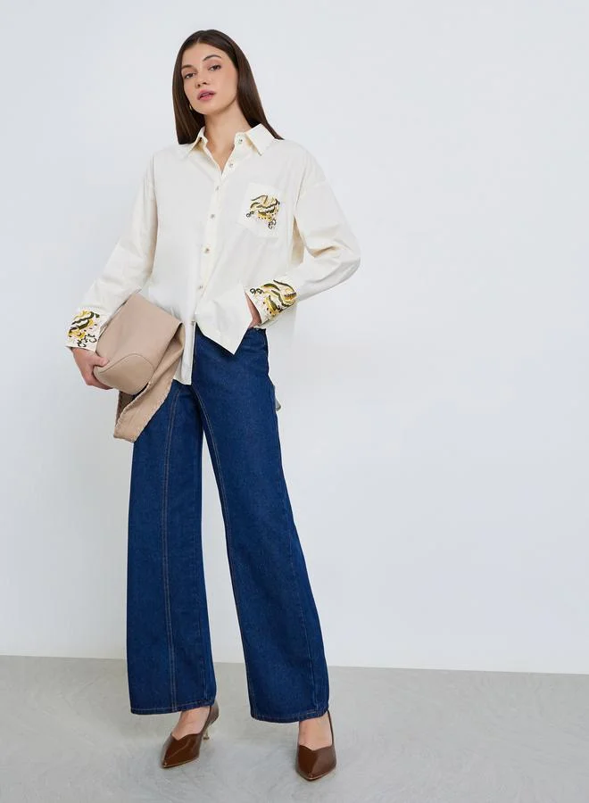 Styli Women Beige Embroidered Oversized Shirt